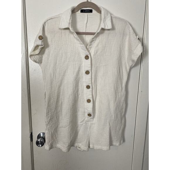J Robert's White Women Romper Gauze Material Bikini Cover Up Collared Size S/M - Picture 1 of 11